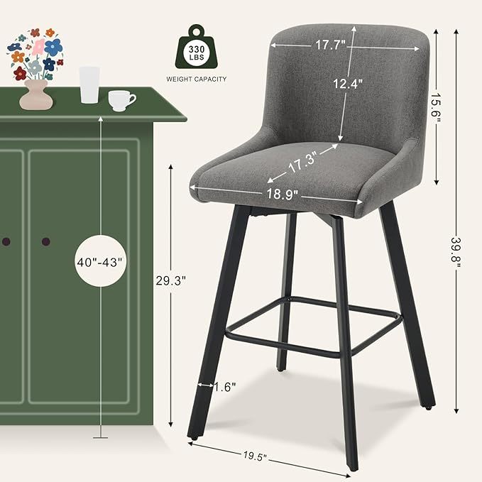 Swivel Bar Stools Set of 3, 29''H Upholstered Barstools with Backs, Modern Counter Height Bar Stool Chairs for Kitchen Island, Metal Legs, Fabric, Gray Counter Stools