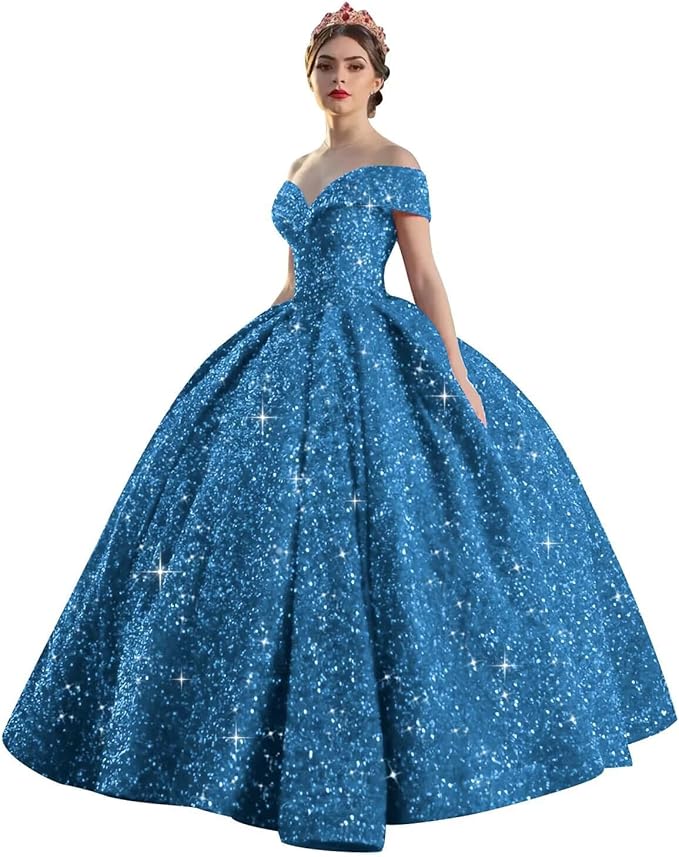 Quinceanera Dress Long Ball Gown Sparkly Sequin Off Shoulder V Neck Prom Dresses