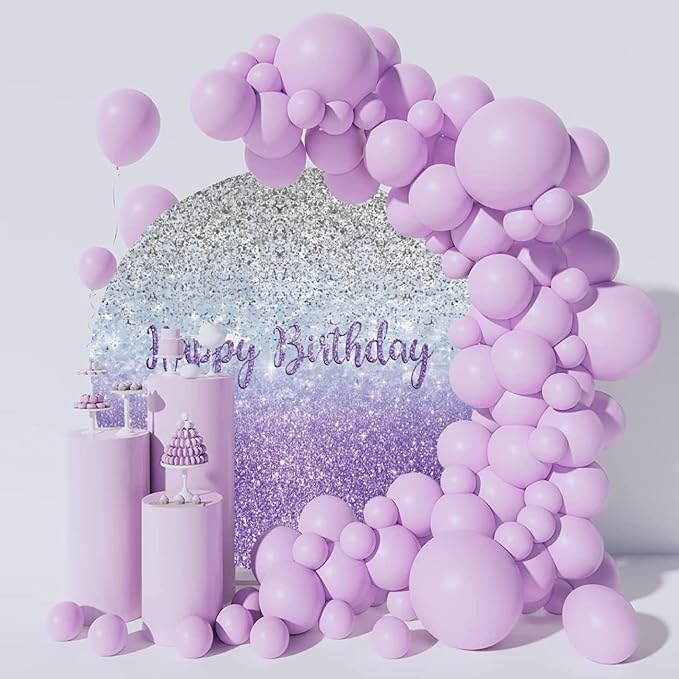 Renaiss Purples Happy Birthday Round Backdrop Cover 7.2 ft Polyester Fabric Shiny Purples and Silver Sequins Circle Photo Background for Gorgeous Happy Birthday Party Decorations