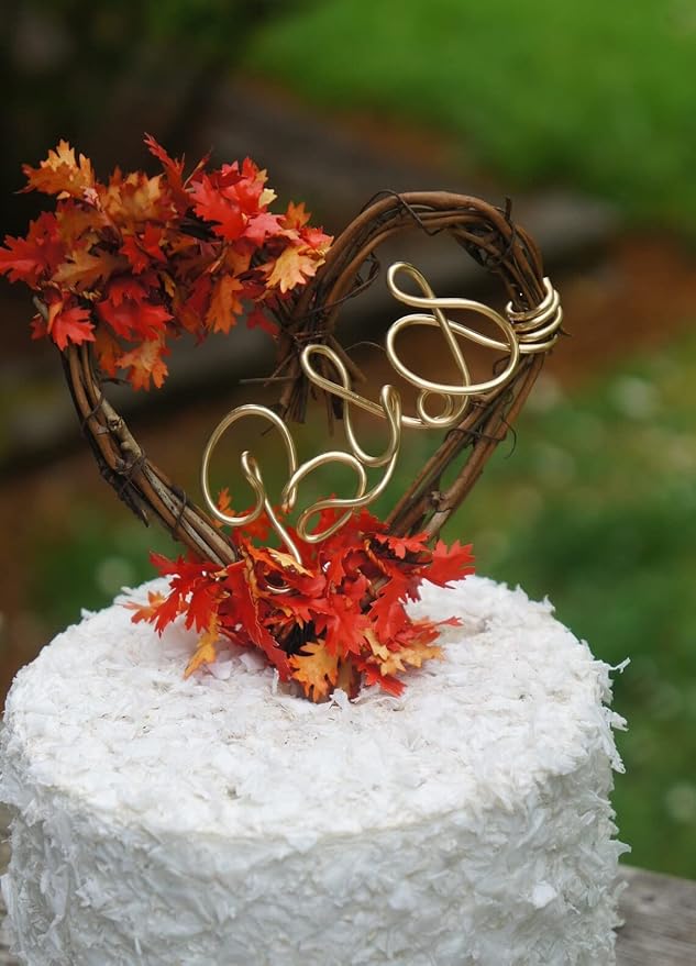 Personalized Orange Fall Leaves Cake Topper for Autumn Wedding Decor