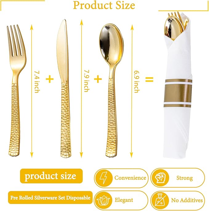 WELLIFE 75 Pack Gold Plastic Cutlery,Pre Rolled Silverware Set Disposable,Gold Disposable Utensils,Includes: 75 Forks, 75 Knives, 75 Spoons, 75 Napkins, Plastic Silverware