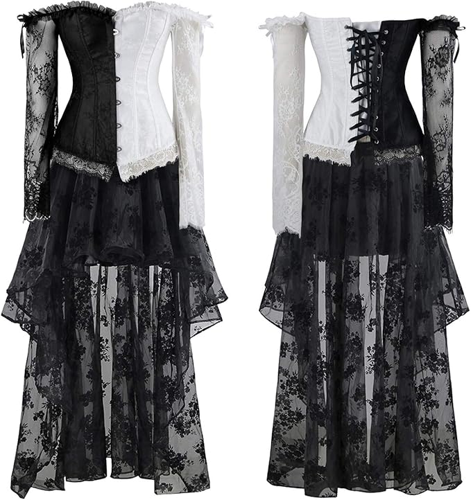 Kimring Women's Steampunk Victorian Off Shoulder Corset Top with High Low Skirt