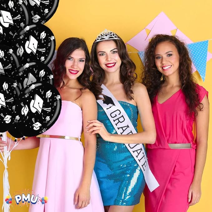 PMU 100 Pcs Black Graduation Balloons Class of 2025 with All-Over Print White Grad Caps-Confetti and Streamers | Graduation Party Supplies | Congratulations Grad Latex Balloons Latex