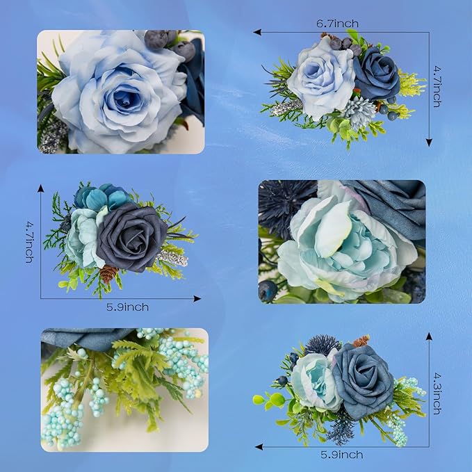 TINGE TIME 3Pcs Wedding Cake Topper Pre-made Set, Navy Blue Artificial Wedding Cake Flower for Reception & Anniversary, Silk Floral Wedding Toppers for Cake, Valentines Cake Topper Decorations