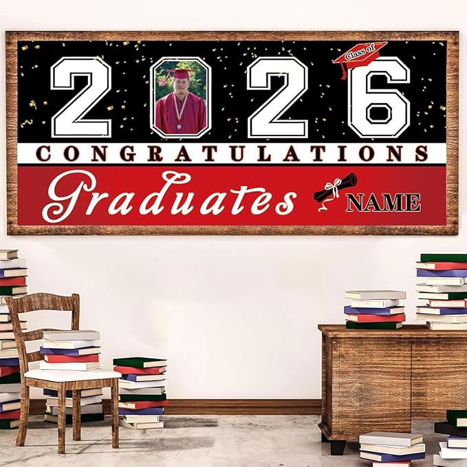 Custom Graduation Garage Door Banner Decoration 7x16ft with Photo Congrats Garage Door Cover 2026 Party Photo Booth Backdrop Party Supplies(Red)