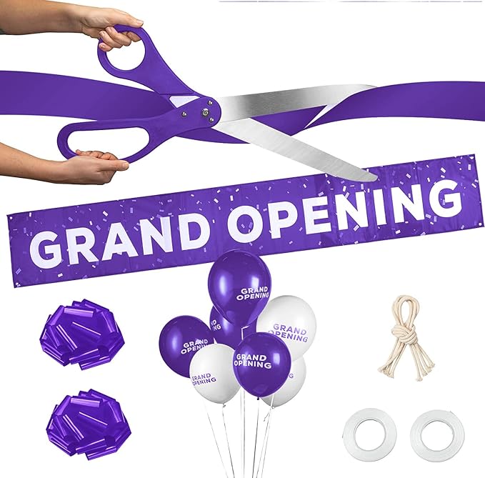 Deluxe Purple Grand Opening Ribbon Cutting Ceremony Kit - 25" Giant Scissors with Purple Satin Ribbon, Banner, Bows, Balloons & More