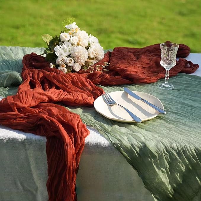 12 Pcs Sage Green Cheesecloth Table Runner 13ft Boho Gauze Cheesecloth Table Runner 160 inch Long for Christmas Wedding Bridal Baby Shower Birthday Table Decorations