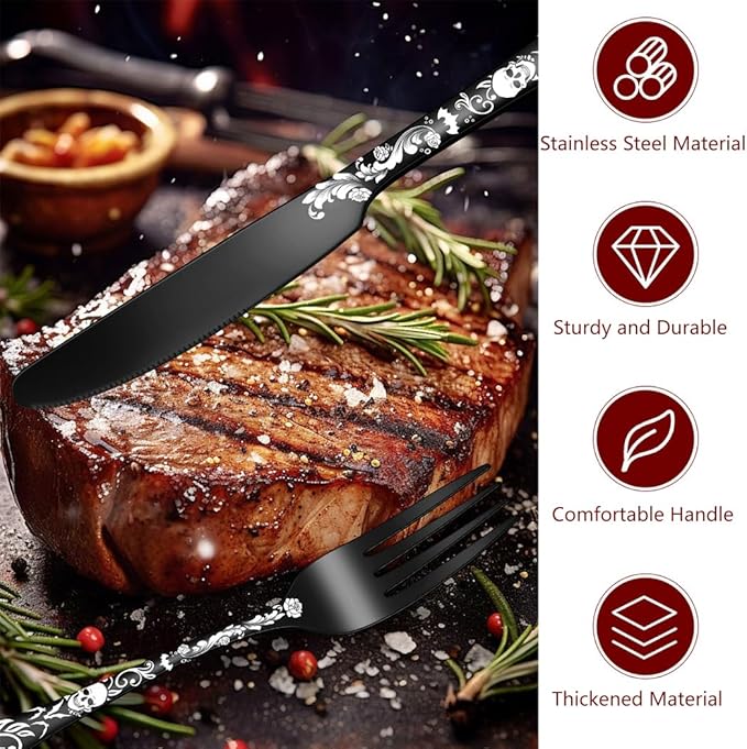 XIAOYU 20 Piece Halloween Skeleton Tableware Silverware Set, Metal Flatware Set Service for 4, Gothic Unique Skull Flower Pattern Design, Skeleton Utensil Cutlery Set for Halloween Easter Christmas
