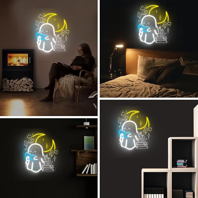 Ghost Reading Book Neon Sign Boo Reading Books Bedroom LED Lights Wall Decoration Neon Sign Decoration, Gift for Bookworm, 14.8"x13", Ice Blue