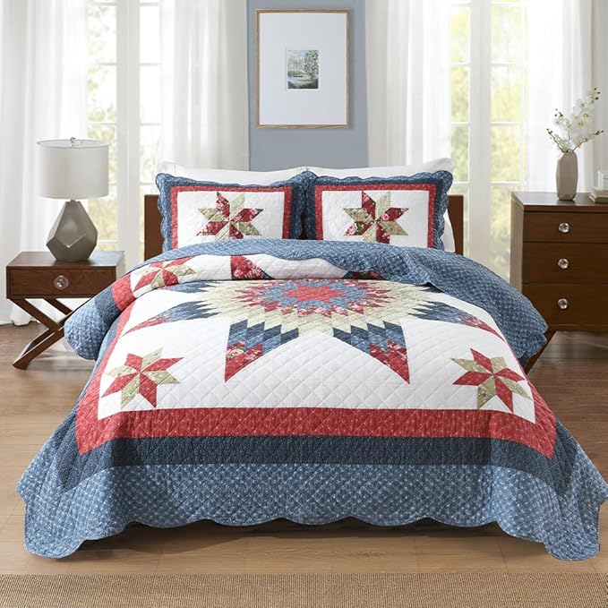Cotton Bedspread Quilt Bedding Sets 3 Pieces Reversible Coverlets Real Patchwork Star Red Blue Bedspread, King Size