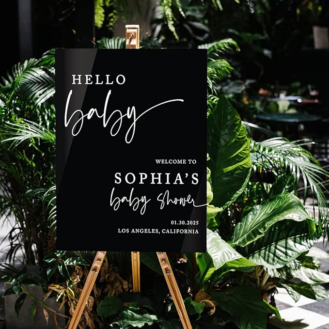 Andaz Press 16"x20" Black Acrylic Personalized Baby Shower Welcome Sign, Gender Neutral Large Custom Sign for Easel Stand, Modern Hello Baby Shower Decorations