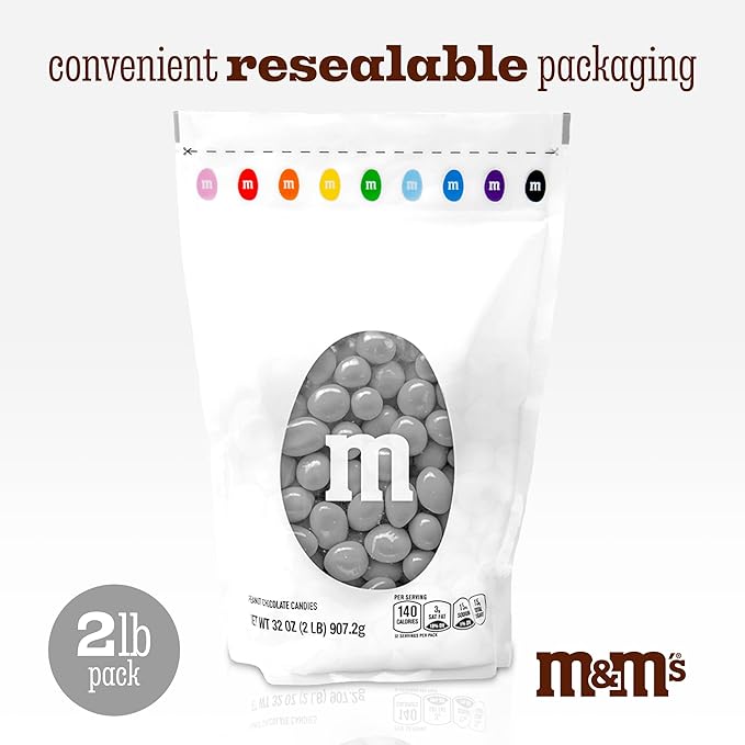 M&M’S WORLD Peanut Silver Chocolate Candy-2lbs of Bulk Candy in Resealable Pack for Candy Buffet,Birthday Parties,Theme Meetings,Candy Bar,Sweet Stuff for DIY Party Favors or Edible Decoration