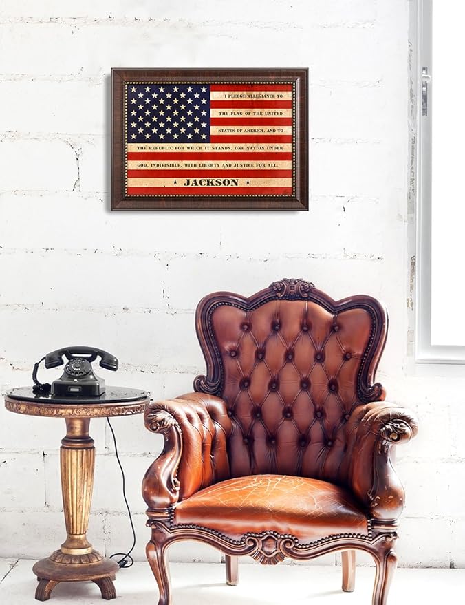 IPIC - American Flag Personalized Framed Artwork, Wall Art with Family Names and Oath. Customized Gift for Military Family, Veterans, and Independence Day, Ready to Hang, Total Size w/Frame: 21x15