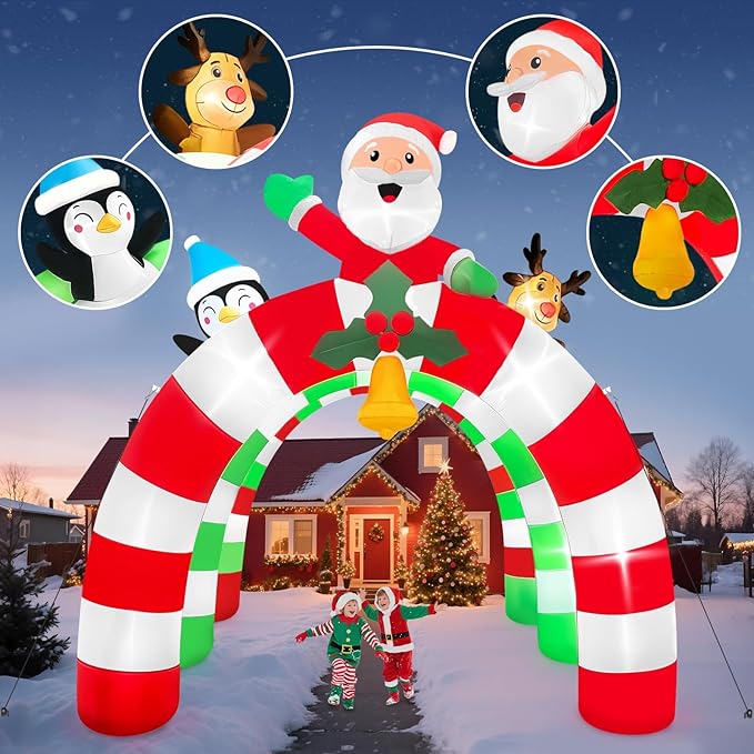 12FT Christmas Inflatable Archway with LED Light, Kalolary Santa Elk Inflatable Tunnel Stereoscopic Xmas Penguin Arch Inflatables Christmas Blow up Outdoor Decoration for Yard Lawn Party Shopping Mall
