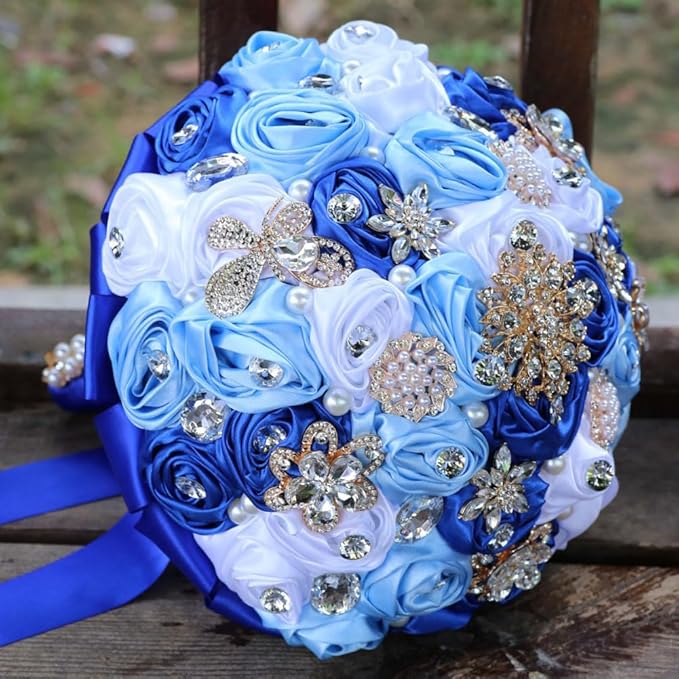 Wedding Bridal Bouquet Handmade with Bling Rhinestone Brooch Pearl for Bride Bridesmaid Quinceanera Bouquet Satin Rose Flower Bouquet Wedding Royal Blue Light Blue and White 9.8in