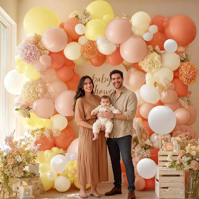 Pink Yellow Peach Balloons with Hydrangea Artificial Flowers, Double Stuffed Pastel Pink Coral White Ivory Balloon Arch for Baby Shower Birthday Wedding Bridal Shower Wildflower Party Decorations