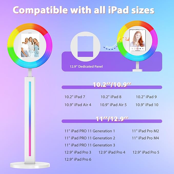 Photo Booth Machine Compatible with Any Ipad,ChackTok PhotoBooth VIP Member,Software APP Control Ring Light,Perfect for Wedding,Parties and Birthday,Light Bar White