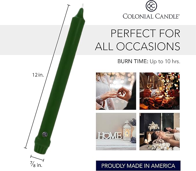 Colonial Candle Unscented Taper Candle, Classic Collection, Evergreen, 12 in, Pack of 12 - Up to 10 Hours Burn