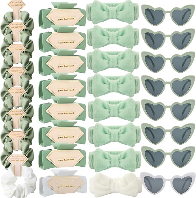 Bridesmaid Scrunchies Proposal Gifts square 4.1inch Bachelorette Hair Claws Clips Girls heart sunglasses headband gift for Wedding Party Favors (White&Sage Green)