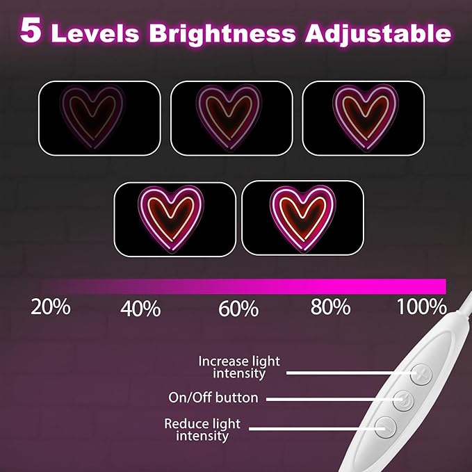 Heart Neon Sign - 5-Level Dimmable USB Pink Neon Signs & Valentine's Day Decor, Ideal for Weddings, Bedrooms, Romantic Nights, Cute Wall Art for Spaces