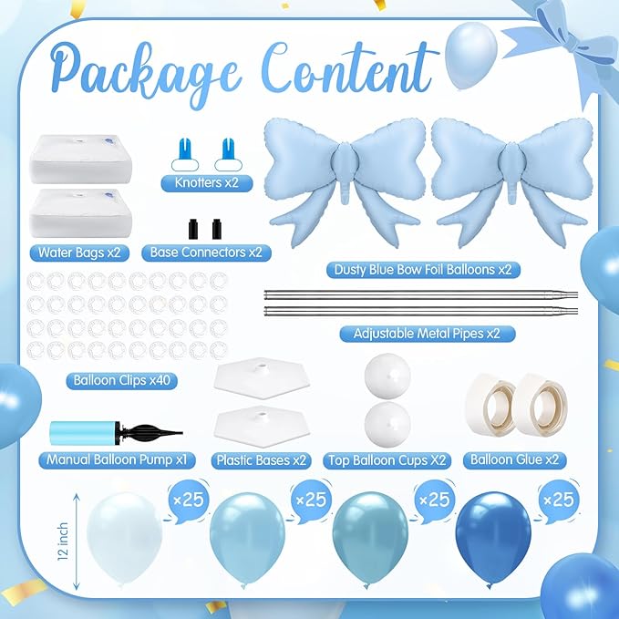 Kasyat Dusty Blue Bow Balloon Column Stand Kit Retro Baby Blue Balloon Arch Garland Kit Bow Decor for Boy Baby Bridal Shower Birthday Wedding Party Coquette Decorations