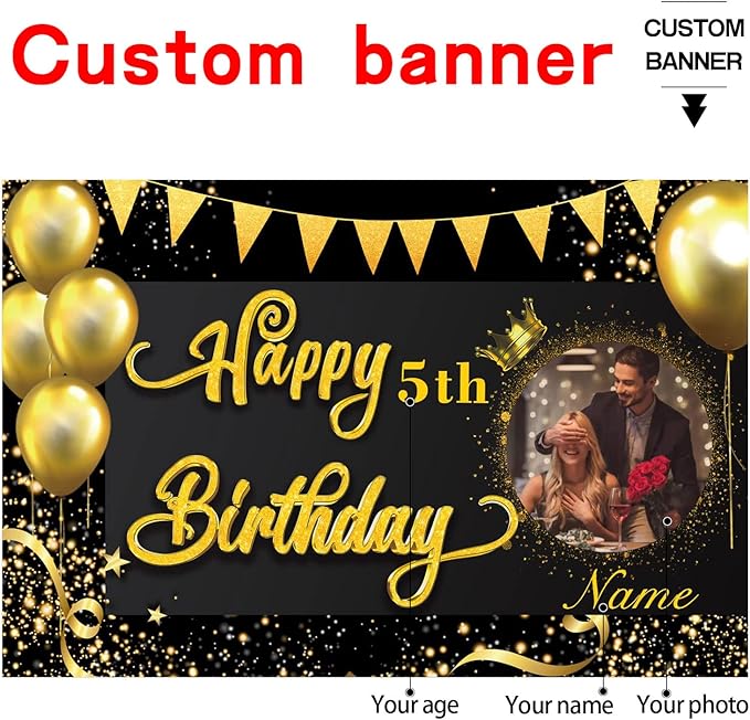Custom Black and Gold Happy Birthday Party Decorations Supplies Personalized Black and Gold Birthday Backdrop Banner(6x9ft)