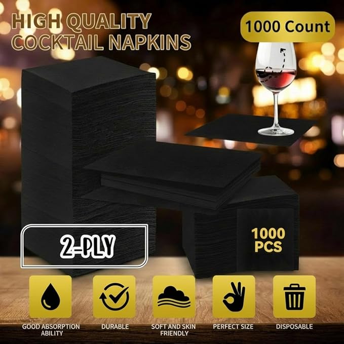 Henoyso 1000 Pack 2 Ply Black Cocktail Napkins Bulk 9.8'' x 9.8'' Disposable Bamboo Dinner Beverage Paper Napkins for Wedding Bar Party Birthday Cocktail Holiday Elegant Restaurant Event