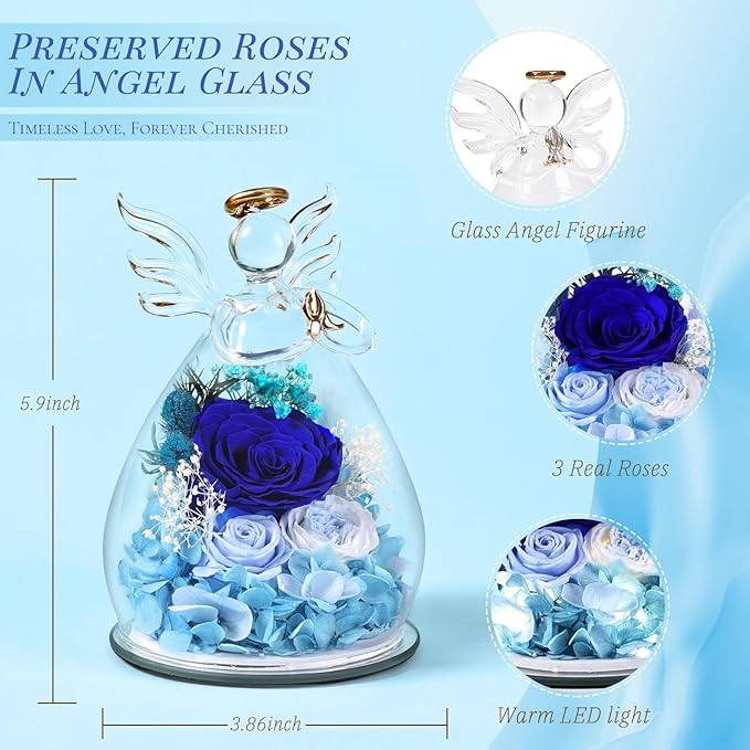 Flowers for Delivery, Valentines Day Decorations Birthday Gifts for Mom Grandma Women, Preserved Rose Forever Flower in Glass Angel Figurines Real Fresh Bouquet for Wife Sister Her Daughter