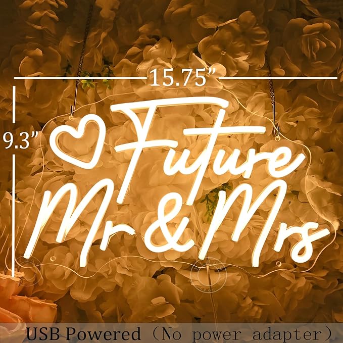 SYLHOME Future Mr & Mrs Led Neon Light Sign Wedding Wall Decor Sign Banner Engagement Party Bridal Shower Light Up Sign Backdrop 15.75" X 9.25" USB Warm