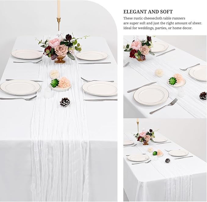 24 Pack White Cheesecloth Table Runner 120 inch Fall Thanksgiving Boho Rustic Gauze Farmhouse 10FT Cheese Cloth Runner for Baby Shower Wedding Party Holiday Home Decor