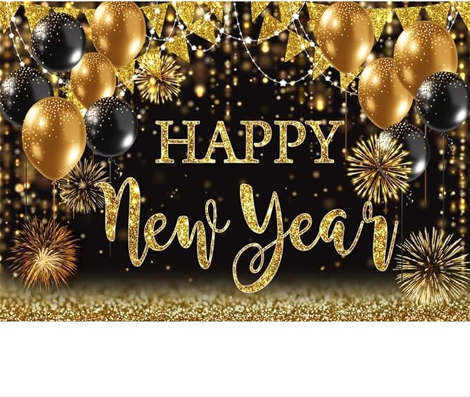 Happy New Year Backdrop 10x6.5ft Shining Black and Gold Balloons Background Happy 2024 New Year Backdrop 2024 New Year Eve Photo Backdrops for Photography NYE Party Portrait Photo Studio Props