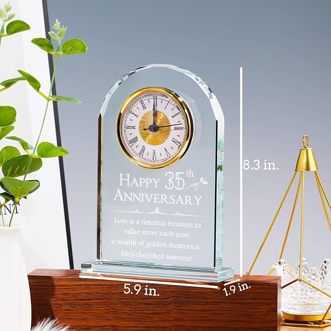 YWHL 35th Wedding Anniversary Clock Gifts for Parents, 35 Years Anniversary Glass Quartz Clock Gifts for Couple Wife Husband, Table Clock Gifts for 35th Anniversary Decoration (Battery not Included)