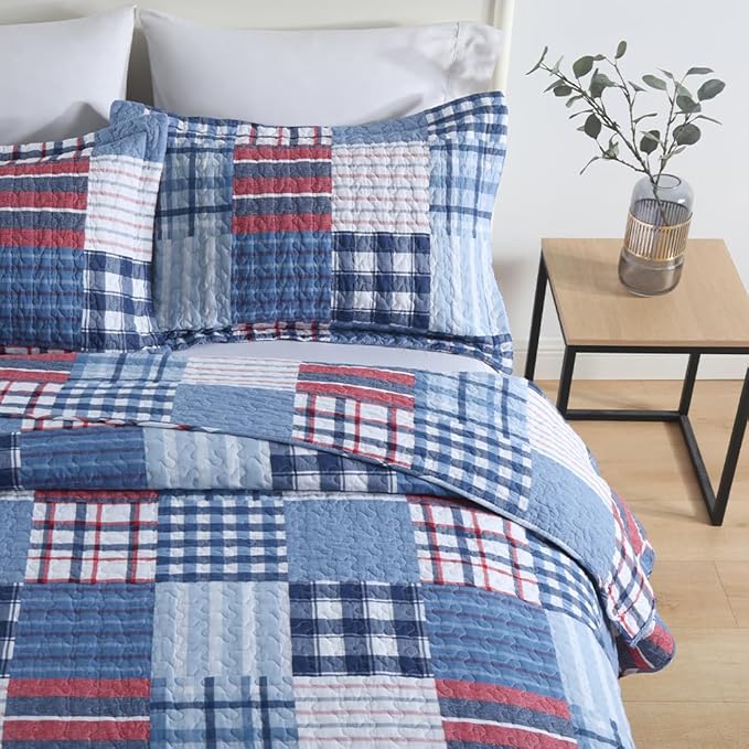 Cotton Bedding Quilt Sets Reversible Real Patchwork Coverlet Sets All Season Blue Bedspread, Plaid Patchwork Pattern,Queen Size
