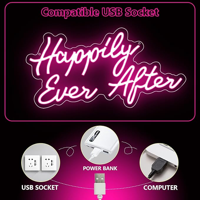 Happily Ever After LED Neon Light Sign, Wedding Neon Led Lights for Bachelorette Bridal Engagement Party Decoration Bridal Shower Wall Decor Signs Valentine's Day Dimmable USB Powered(16.9"*9.1")