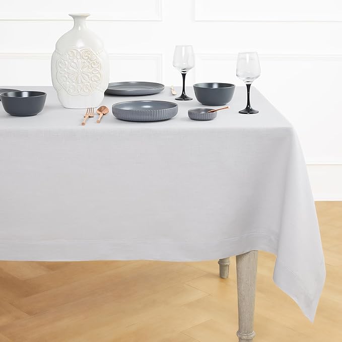 Solino Home Linen Tablecloth 52 x 52 Inch - 100% Pure Linen Silver Cloud Square Tablecloth - Fete, Machine Washable Table Throw for Winter