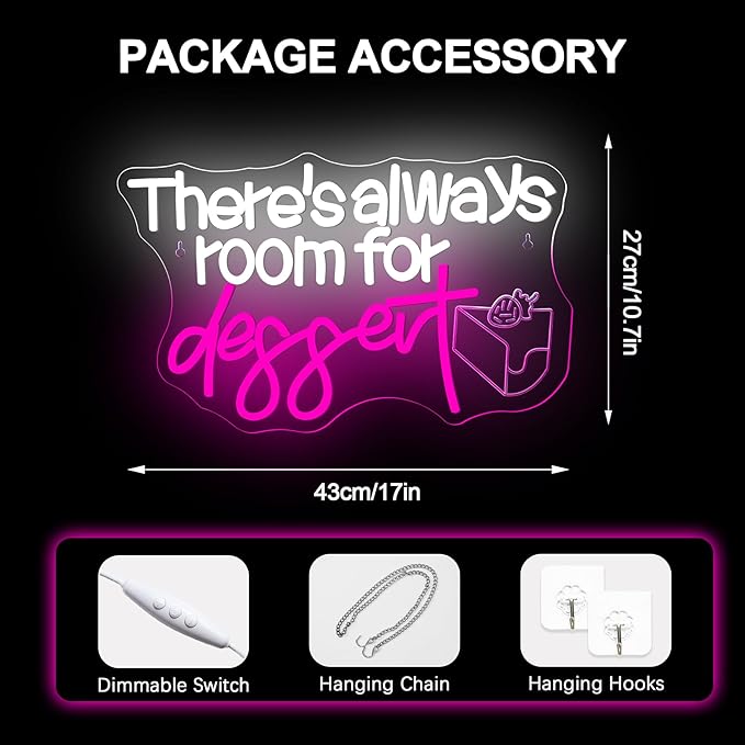 NOSUN There's Always Room for Dessert Neon Sign LED Bar White Text Treat Yourself for Snack Candy Dessert Flower Bar Bedroom Wall Decor Wedding Birthday Party Home Room Gift