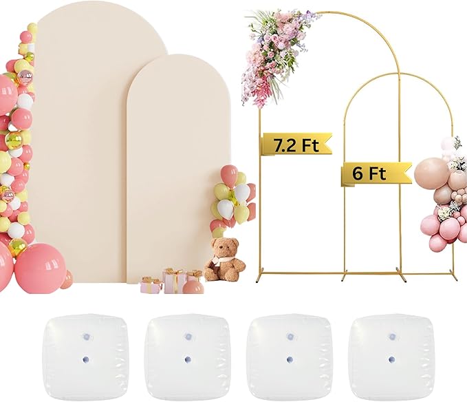 2PK (7.2 & 6 FT Wedding Arch Backdrop Stand and Cover Set | Metal Backdrop Arch, Balloon Stand, Water Bags | Party, Bridal Show, Birthday, Baby Shower Decorations (White Cover, 2 Pack)