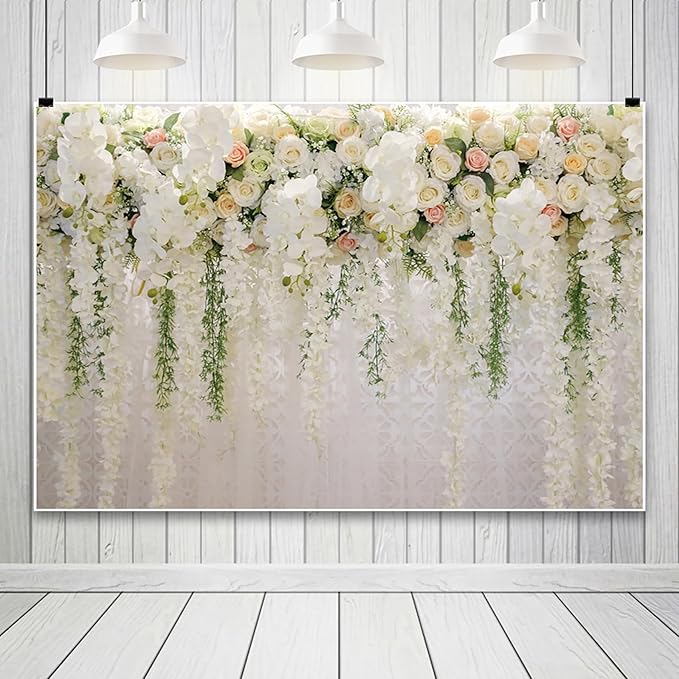 12x10ft Wedding Backdrop White Curtain Floral Wedding Ceremony Photography Background Bridal Shower Party Decor Lover Engagement Proposal Prom Banner Newborn Baby Shower Party Vinyl Wallpaper