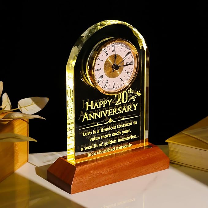 YWHL Happy 20th Wedding Anniversary Clock Gifts for Her Him, 20 Years Anniversary Glass Gift for Couples, Table Clock Presents with Wooden Light Base for Home Decoration (Battery not Included)