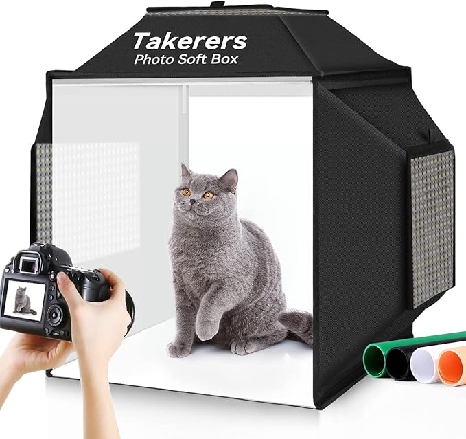 Takerers 16"x16" Photo Studio Light Box Photography, 480 LED Product Lightbox with 3 5500K Stepless Dimming Light Panels, Professional Photo Background Shooting Tent with 4 Color Backdrops