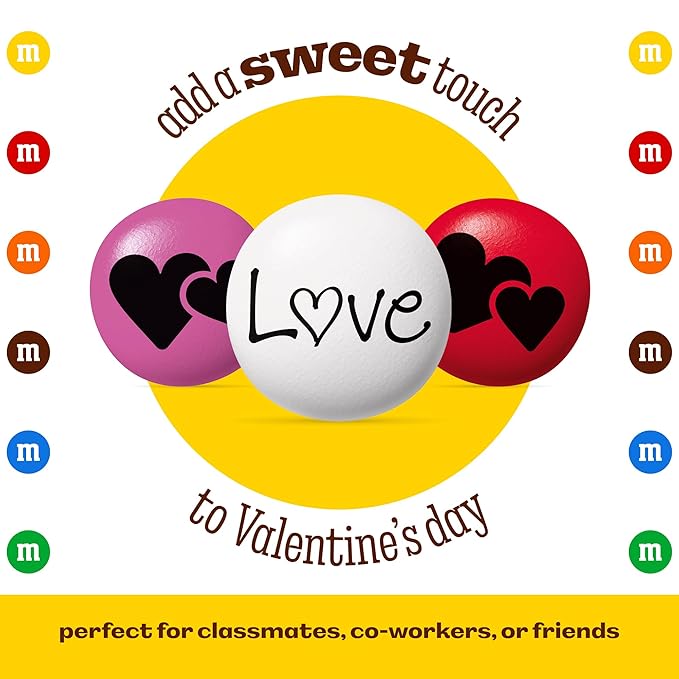 M&M’S Heart Party Favors, Set of 30, Milk Chocolate Valentine’s Gifts for Groups, Classroom Exchanges, and Party Décor, Individually Wrapped Red, White and Pink M&M’S with Heart and LOVE Designs