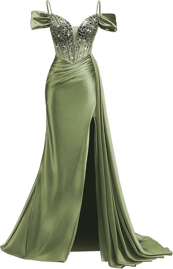 Rjer Off The Shoulder Satin Prom Dresses Long with Slit Tail 2026 Sequin Beaded Pleated Evening Ball Gown for Women Formal