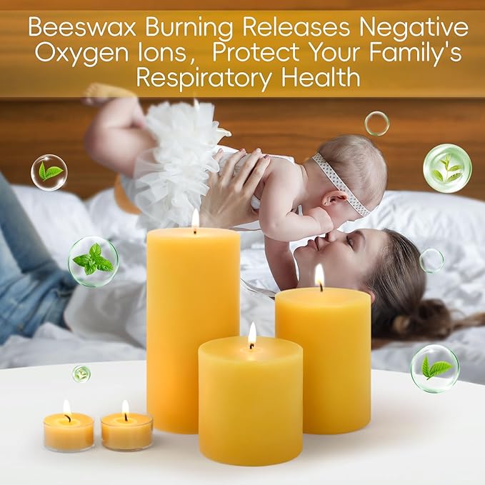 Natural Beeswax Pillar Candles Set of 3,Pure Beeswax Candles 213 Hours Long Burning,Unscented 100% Bees Wax Candle for Home,Emergency,Dripless Smokeless Organic Pillar Candle Bulk-3x3in,3x4in,3x6in