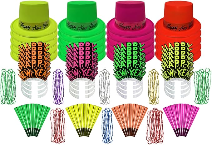 PMU New Year's Eve Party Supplies 2026 Neon Midnight Party Assortment Kit for 25 Persons - Outfits for Adults, Men and Women (25 psn/pkg) Pkg/1