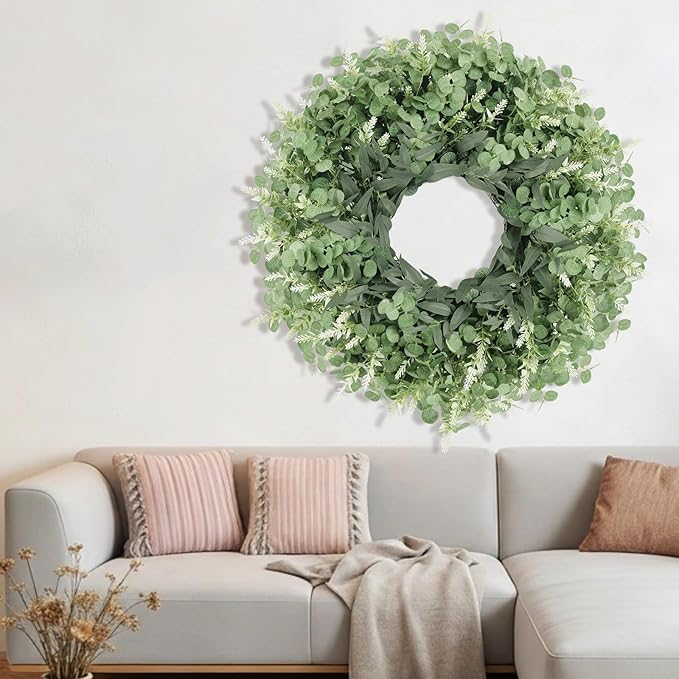 26 Inch Large Eucalyptus Wreath for Front Door, Porch, Window SpringWreaths Green Wreath Artificial Greenery Door Wreaths Decor for Outdoor Indoor Home Farmhouse Spring Summer Fall All Seasons