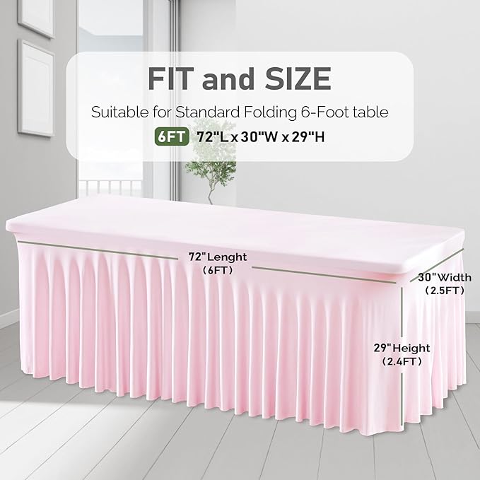 2 Packs Pink Table Clothes for 6 Foot Rectangle Tables, One-Piece Wrinkle Resistant Stretch Spandex Table Covers with Skirt for Event Banquet Wedding Birthday Party