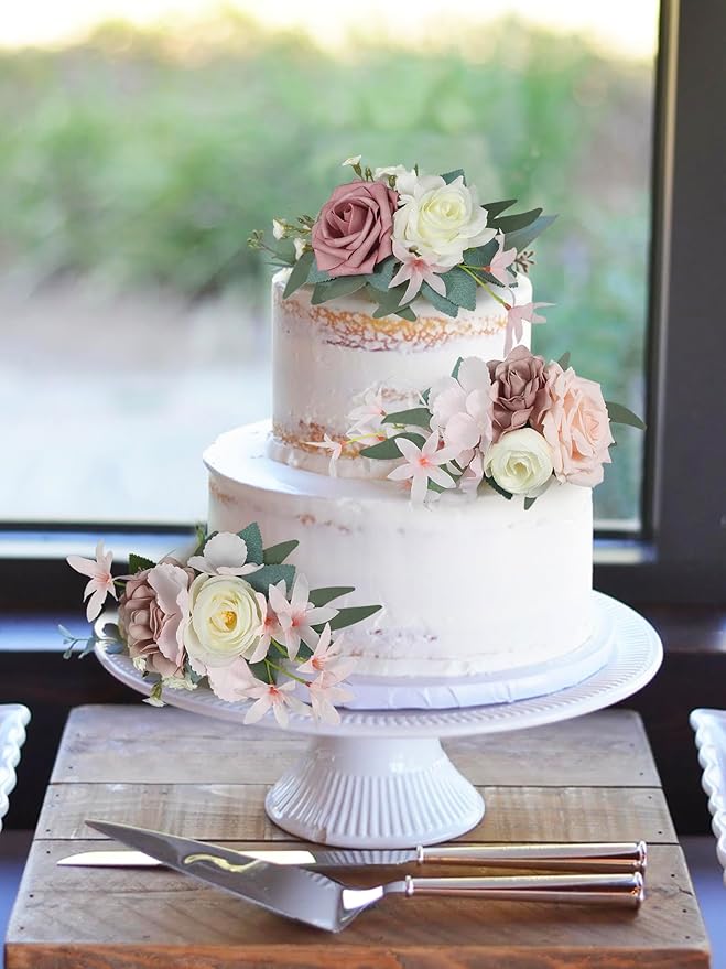 Rinlong 3Pcs Pre-made Cake Flowers Dusty Pink Cake Decorations Wedding Cake Decorating Flowers Decor Birthday Baptism Party Artificial Flowers Cake Toppers
