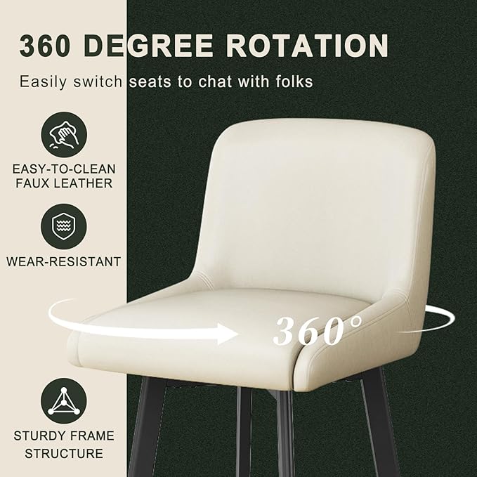 Swivel Bar Stools, 26''H Upholstered Barstools with Backs, Modern Counter Height Bar Stool Chairs for Kitchen Island, Metal Legs (Beige- Faux Leather, Set of 3-26" H)