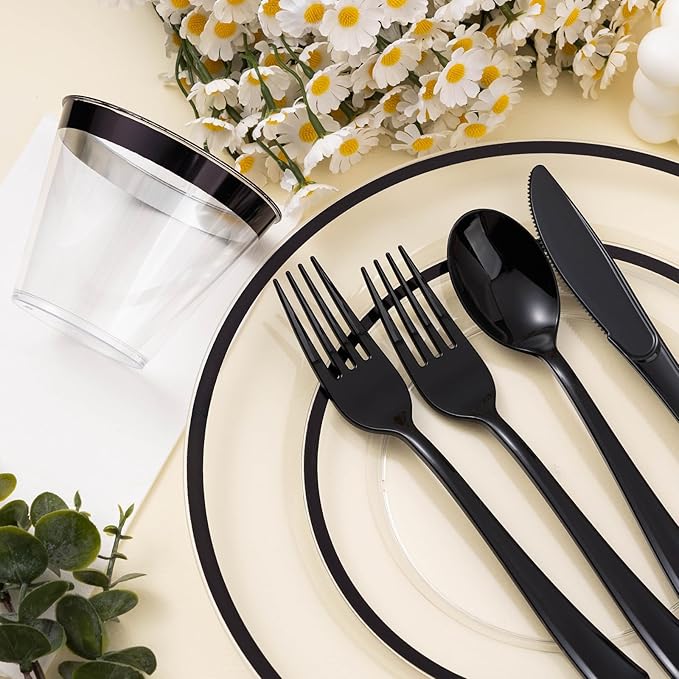Beststar 350PCS Black and Clear Plastic Dinnerware Sets for 50 Guests, Include 100 Black Disposable Plates, 100 Forks, 50 Knives, 50 Spoons, 50 Cups,Halloween