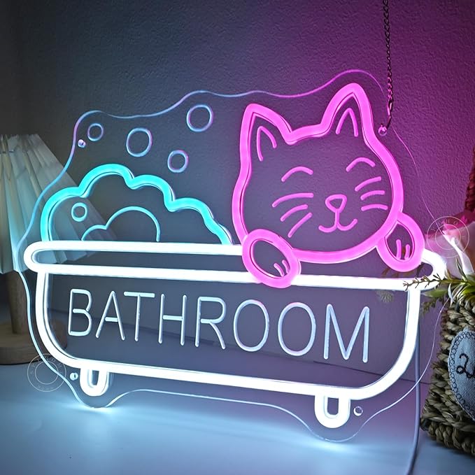 SYLHOME Bathroom Cat Led Neon Light Sign Bath Cat Bathing Home Bathroom Kids Room Funny Wall Sign Decor Birthday Christmas Party 15.75" X 11.4" USB